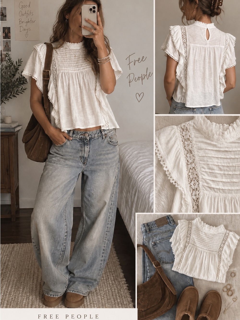 Free People Le Femme Tee Ivory Lace Ruffle Boho Top Size Small